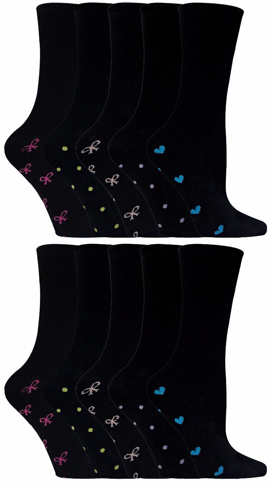 Womens / Womens Black Cotton Rich Cute Dress Socks with Bows & Hearts - Picture 8 of 9