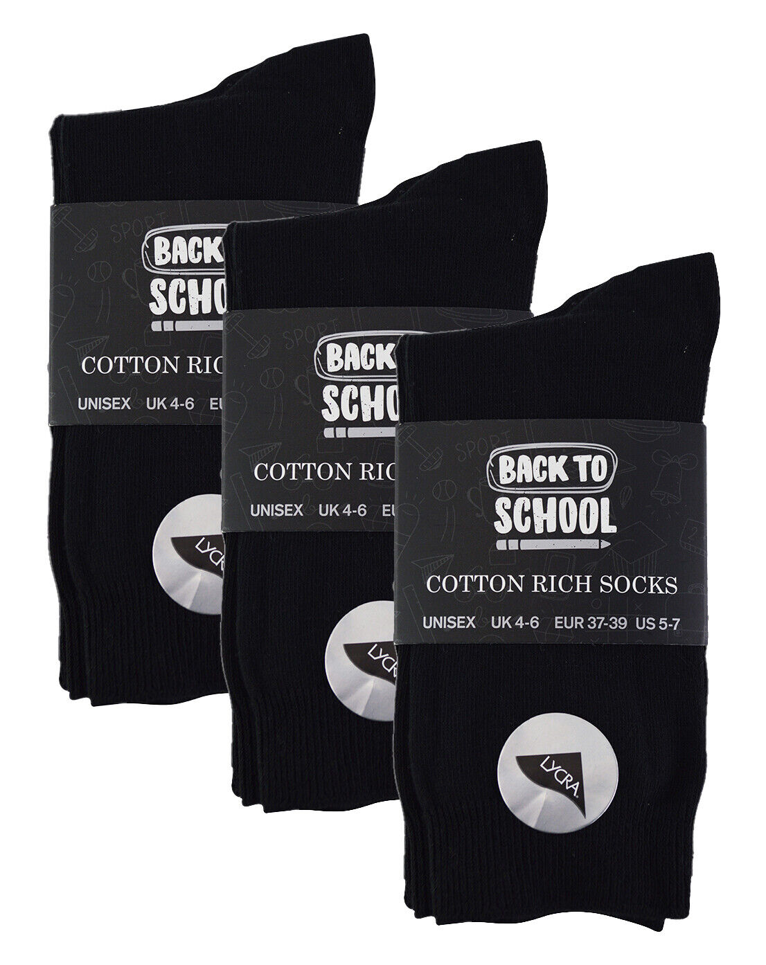 6 Pack Girls Boys Soft Thin Cotton Rich Plain Black Gray or White School Socks - Picture 3 of 16
