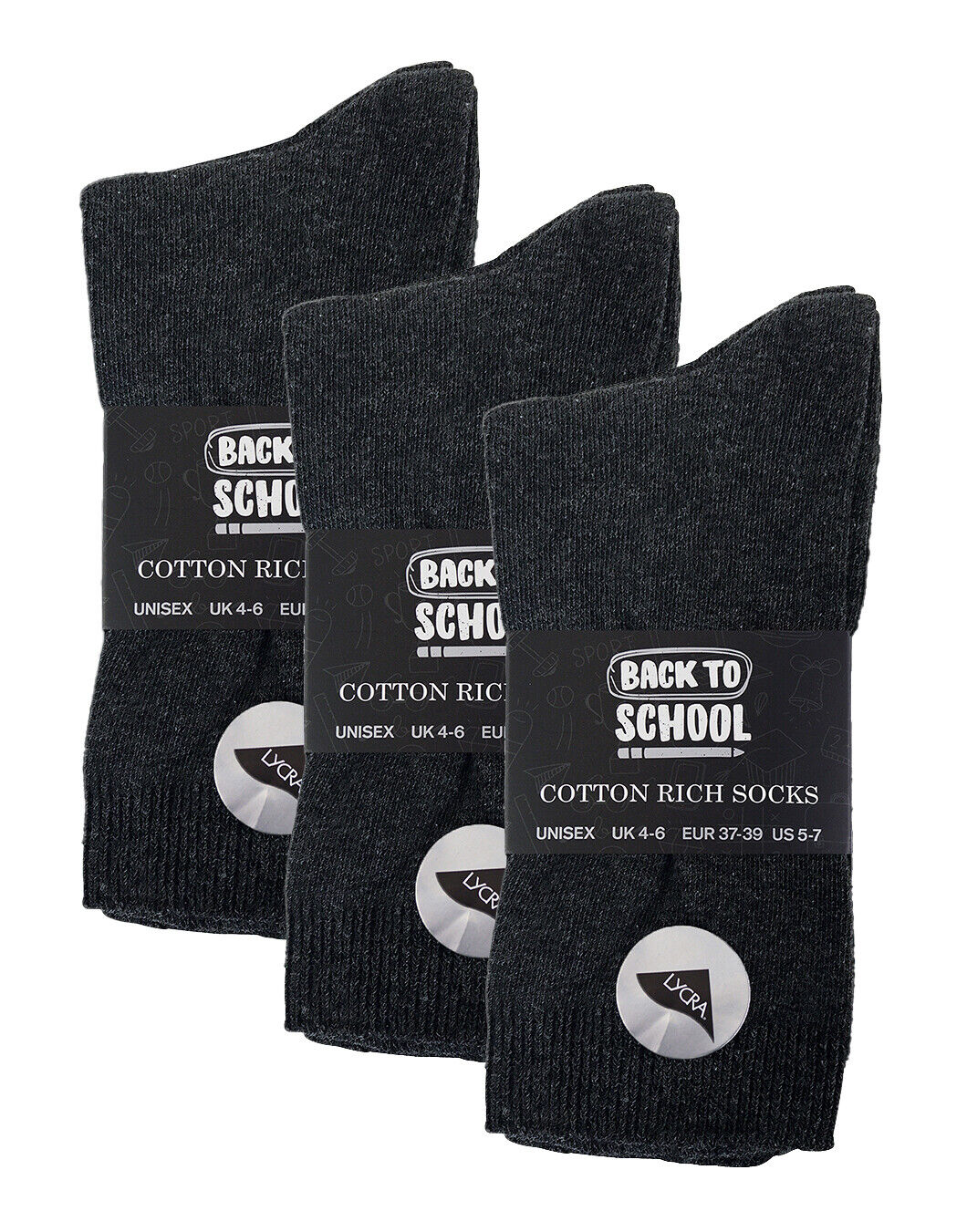 6 Pack Girls Boys Soft Thin Cotton Rich Plain Black Gray or White School Socks - Picture 8 of 16