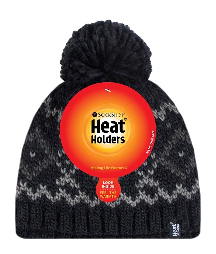 Heat Holders - Mens Chunky Knit Winter Warm Thermal Bobble Hat with Pom Pom - Picture 8 of 14