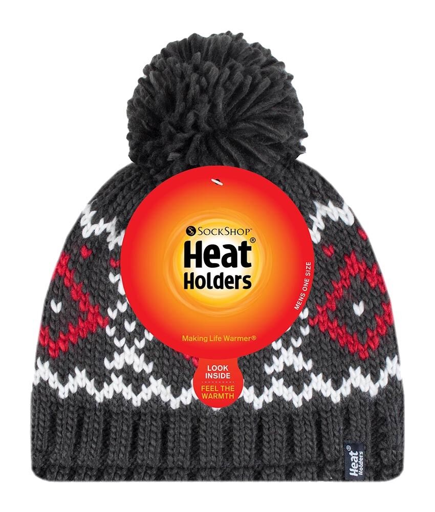 Heat Holders - Mens Chunky Knit Winter Warm Thermal Bobble Hat with Pom Pom - Picture 10 of 14