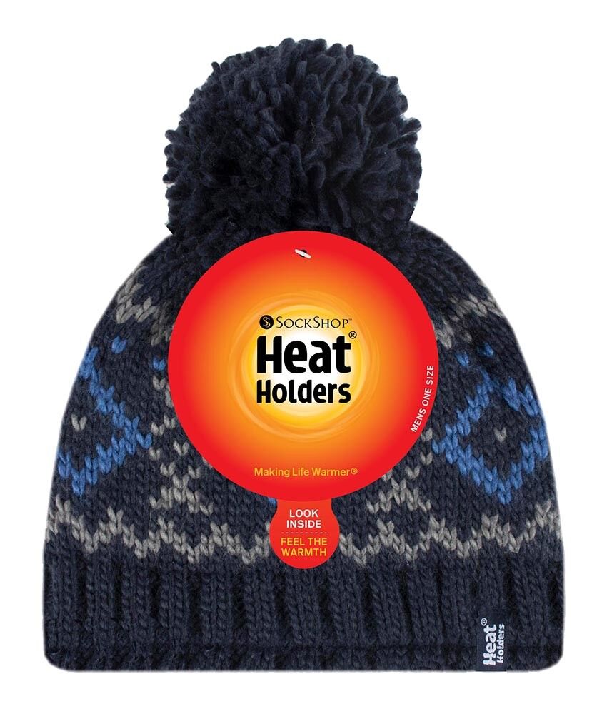 Heat Holders - Mens Chunky Knit Winter Warm Thermal Bobble Hat with Pom Pom - Picture 14 of 14