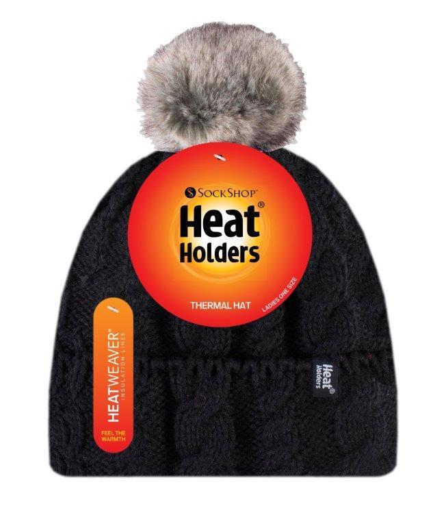 Heat Holders - Damen Fleece gefütterte Zopfmuster Winter Beanie Mütze mit Bommel - Bild 11 von 29
