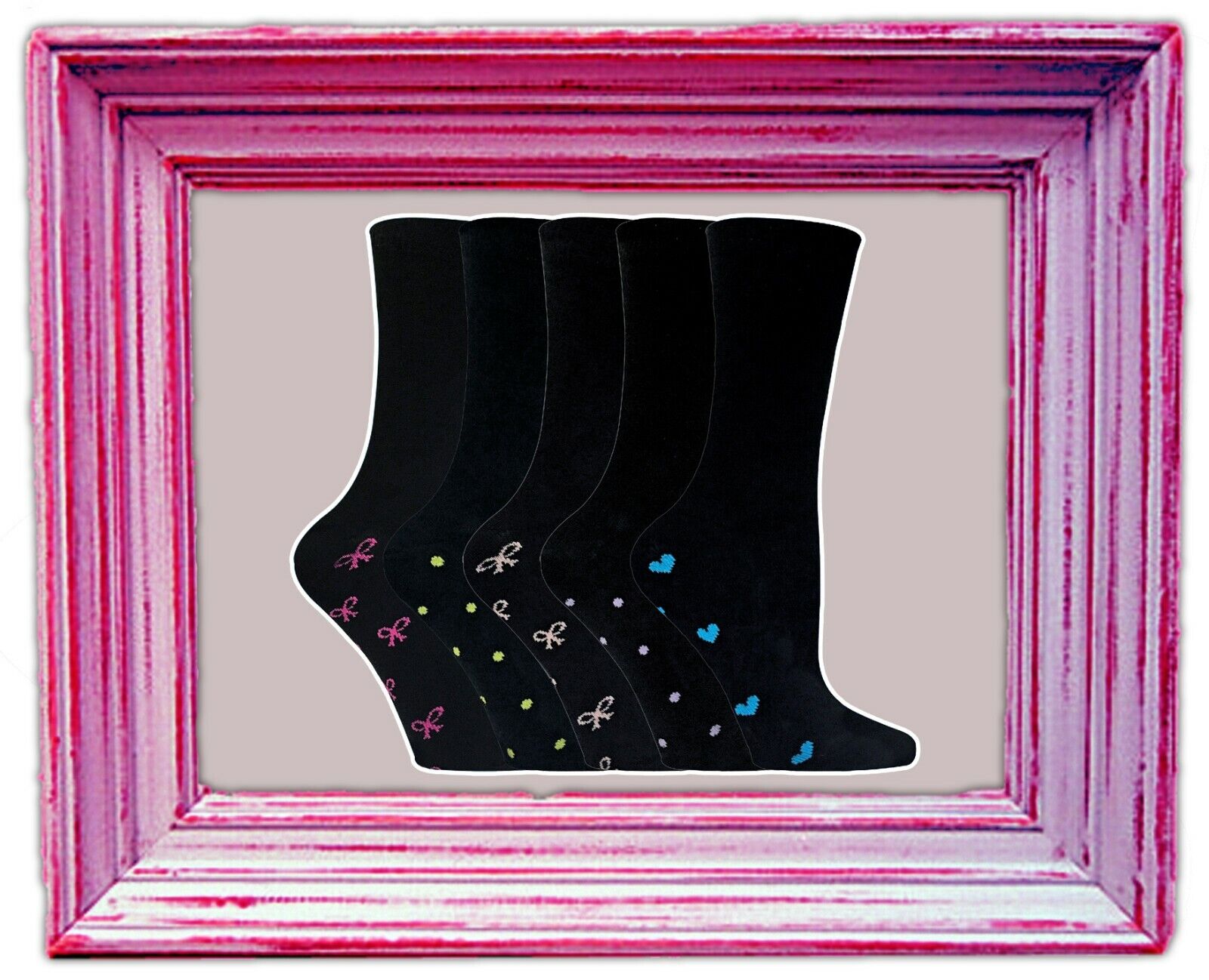 Ladies 5 Pack Black Cotton Socks with Patterned Sole Hearts Bows and Dots 4-7 - Picture 9 of 12