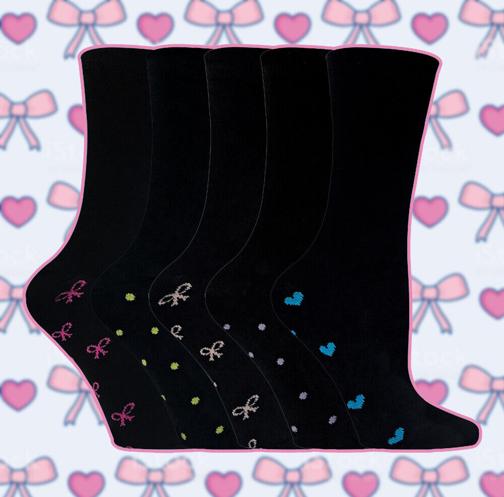 Ladies 5 Pack Black Cotton Socks with Patterned Sole Hearts Bows and Dots 4-7 - Picture 11 of 12