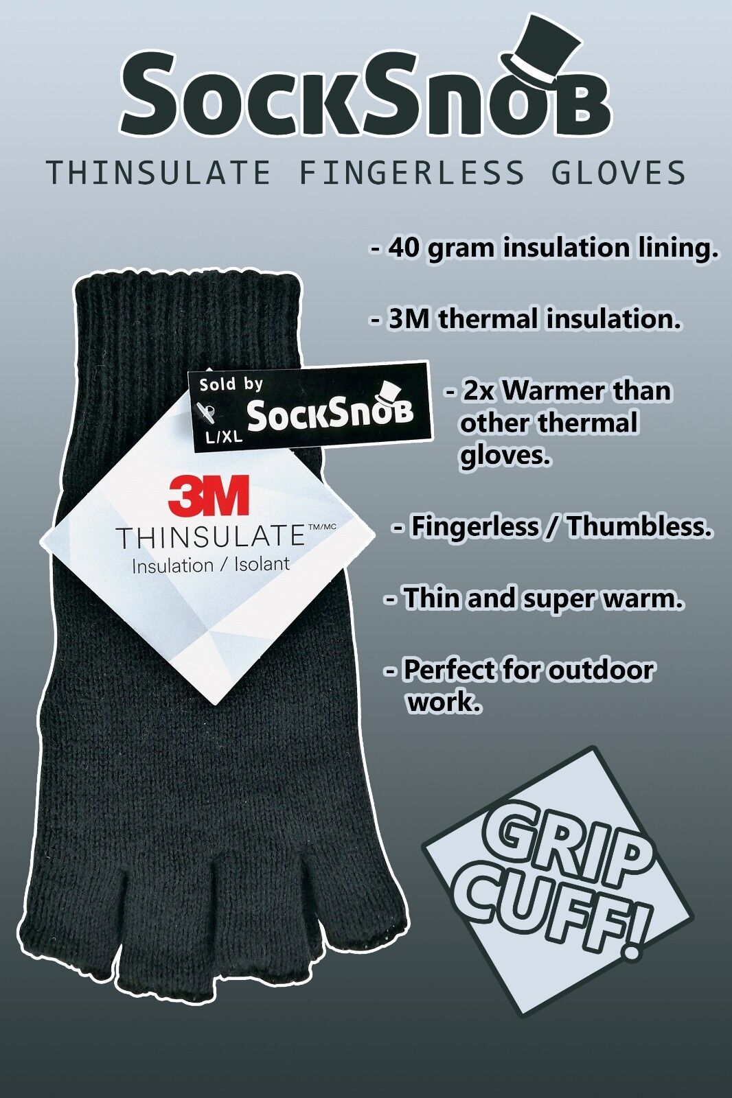 Mens 3M Thinsulate 40 gram Thermal Insulated Black Fingerless Gloves - Picture 7 of 8