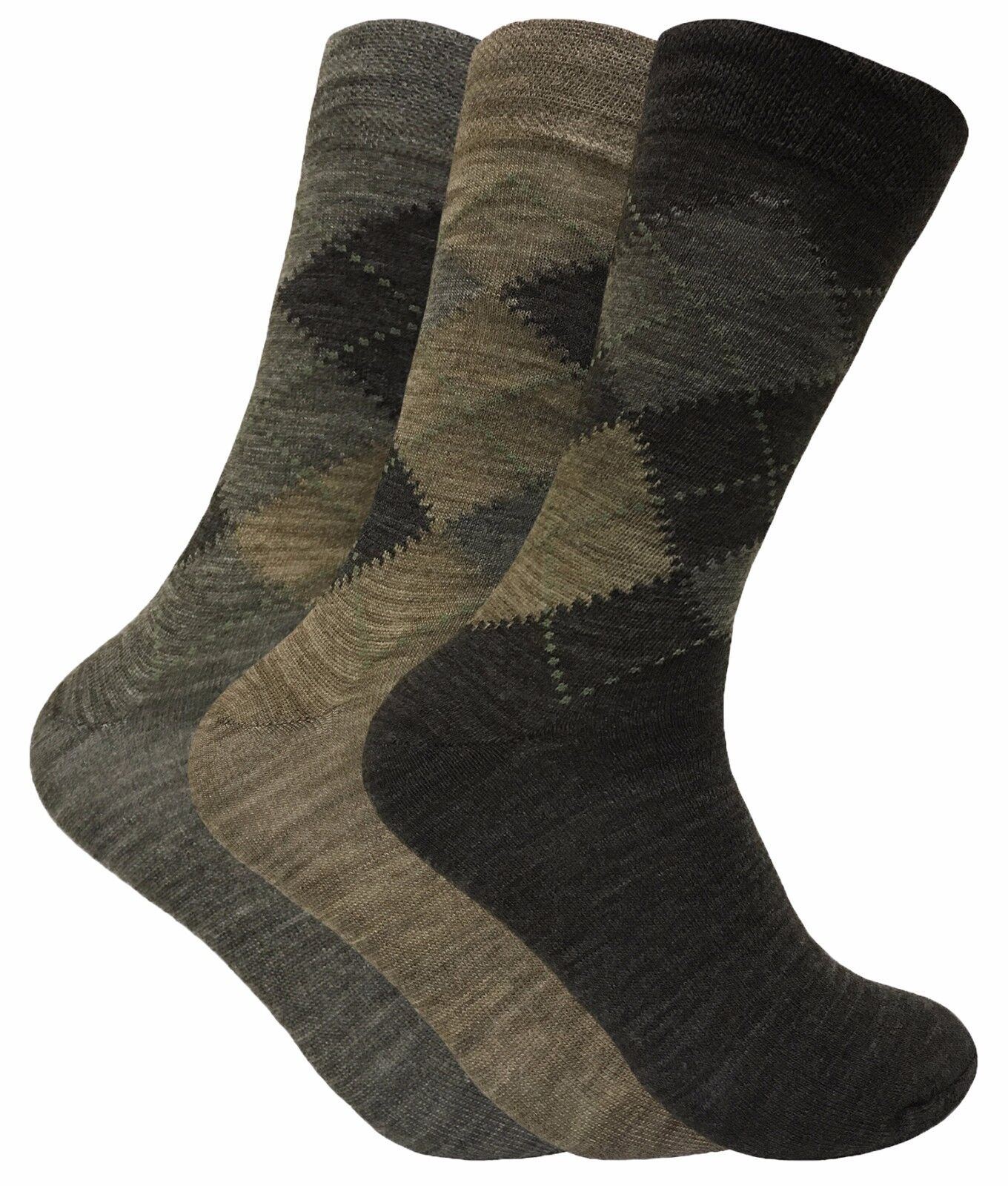 Mens 3 Pack of Thin Brown Grey Lambs Wool Blend Argyle Pattern Warm Hiking Socks - Picture 5 of 12