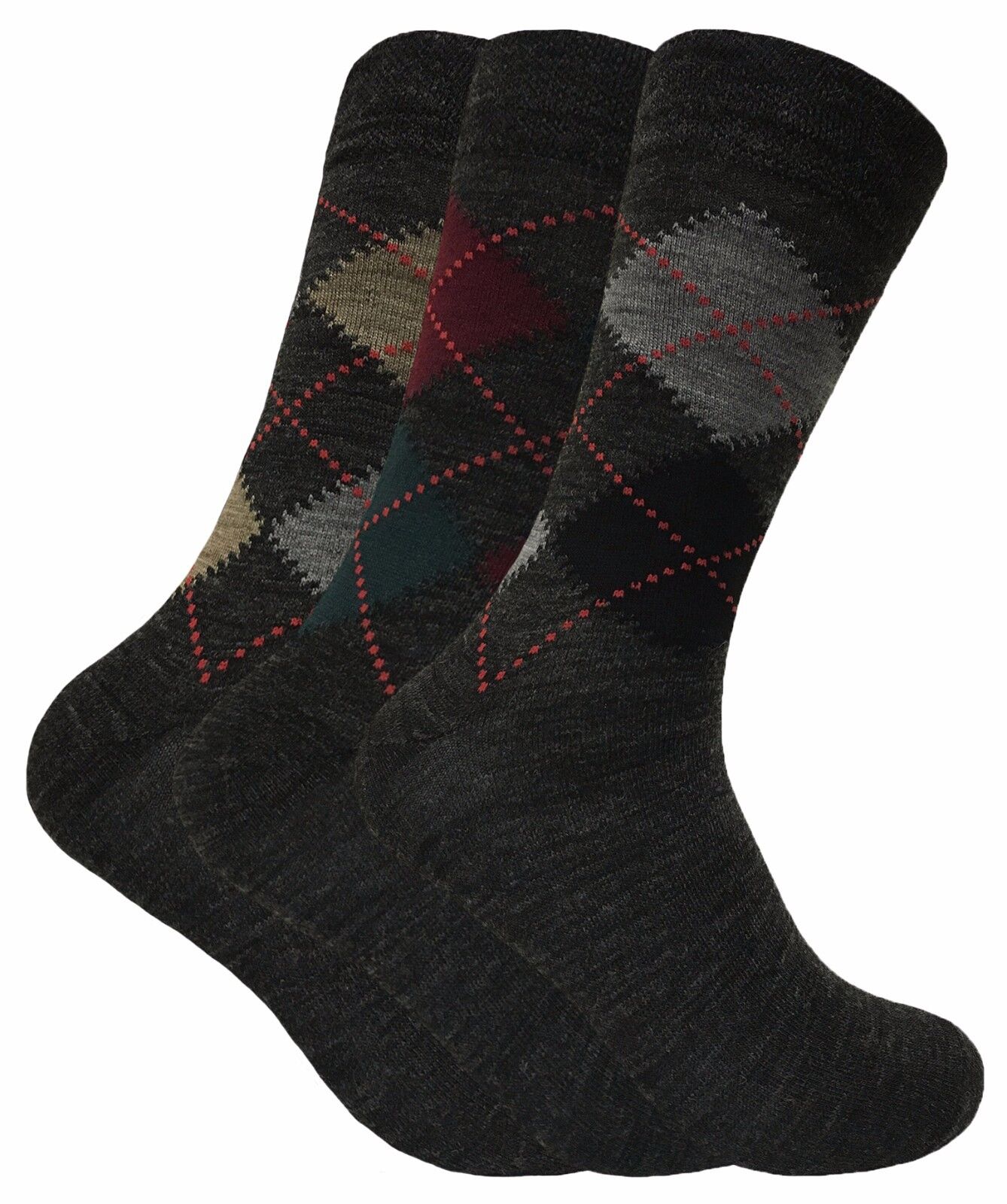 Mens 3 Pack of Thin Brown Grey Lambs Wool Blend Argyle Pattern Warm Hiking Socks - Picture 9 of 12